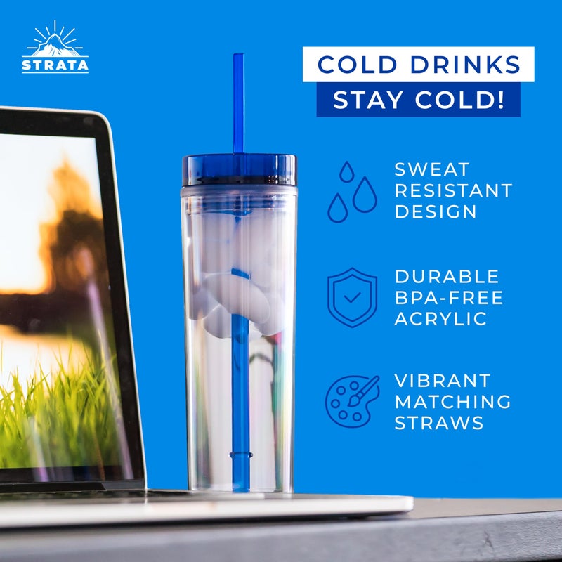 STRATA CUPS 12 Colored Skinny Tumblers with Lids and Straws | 16oz Reusable Cup Double-Wall Clear Tumbler with Lid and Straw, Durable Acrylic Tumblers With FREE Straw Cleaner & Name Tags - Image 4